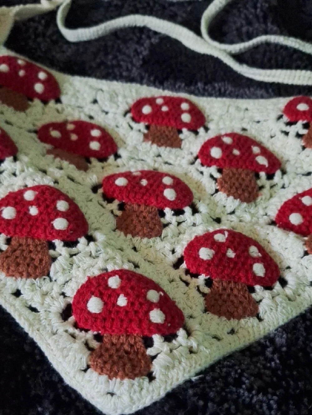 Crocheted Mushroom Handmade Triangle Bandana in Cream & Red